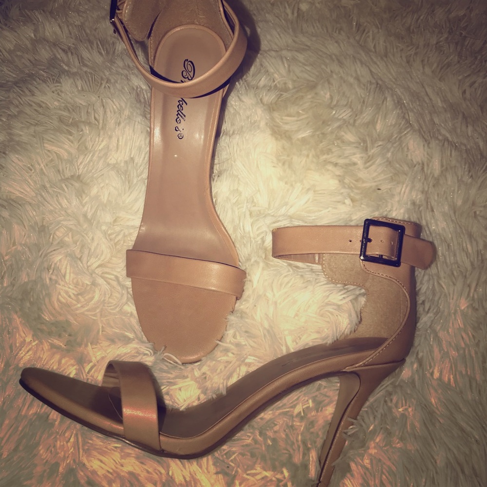 Tan open toe ankle strap heels